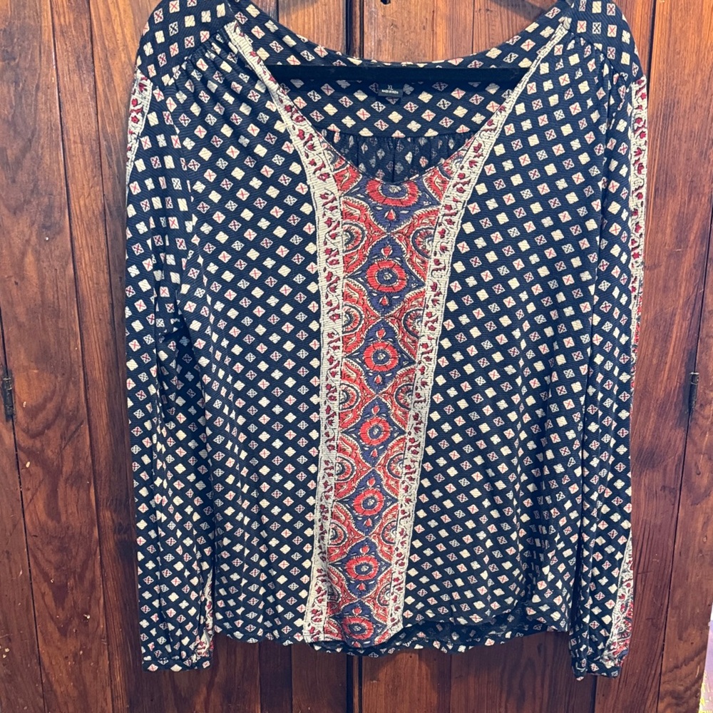 Lucky Brand Navy and Red Geometric Blouse